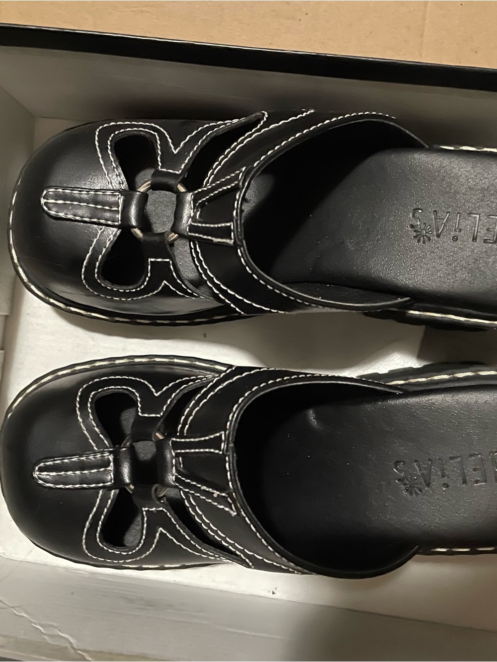 Comfort Leather Mary Jane Mules in Black with White Stitching